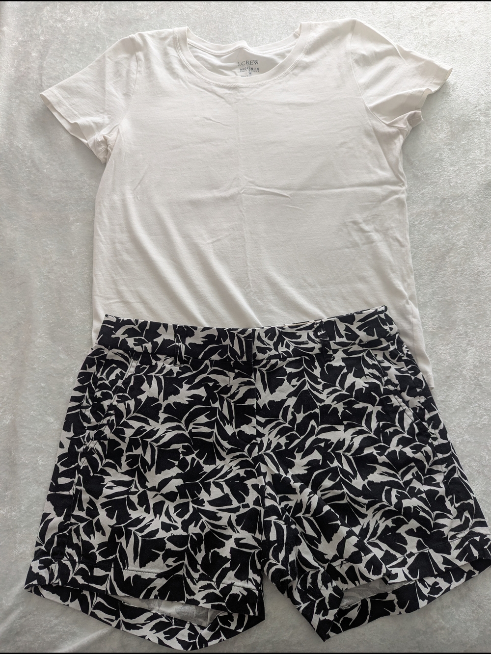 J. Crew T-shirt and Black & White Leaf-Print Shorts